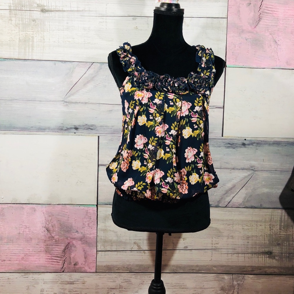Rue 21 Black floral Blouson Top elastic waist M